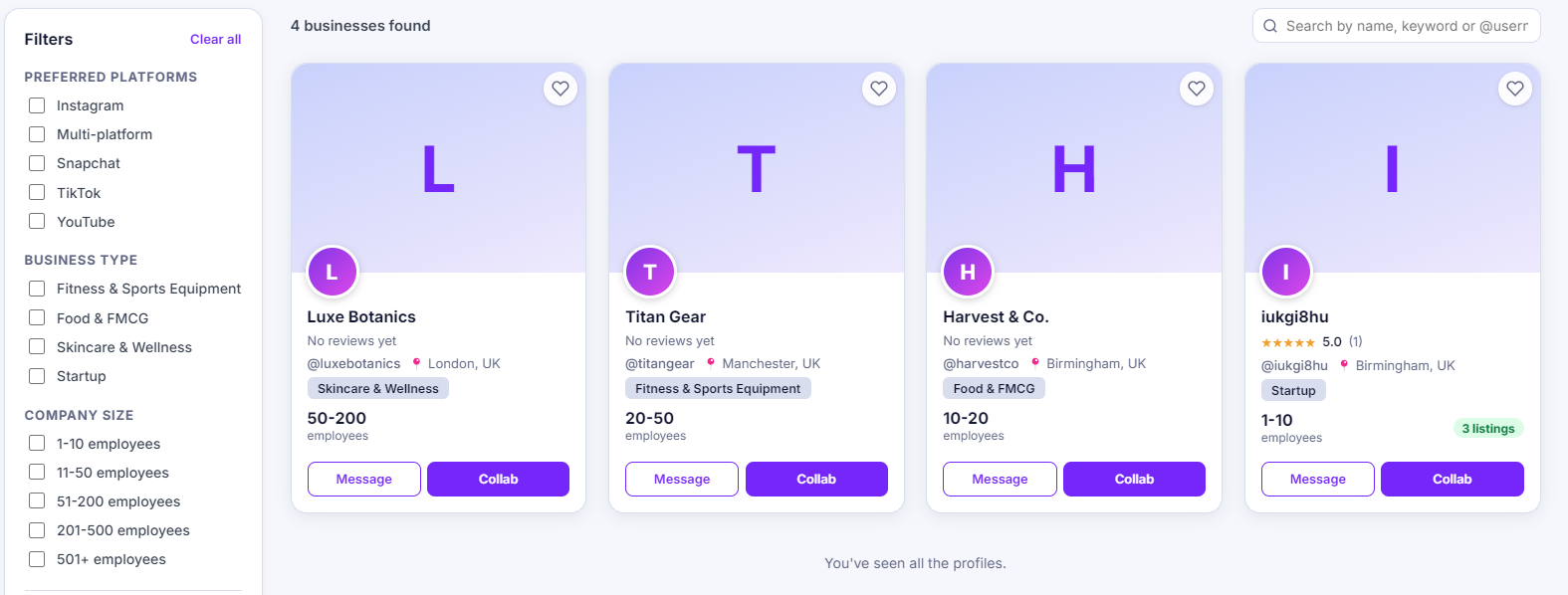 Business network directory with filters for platform, business type, and company size