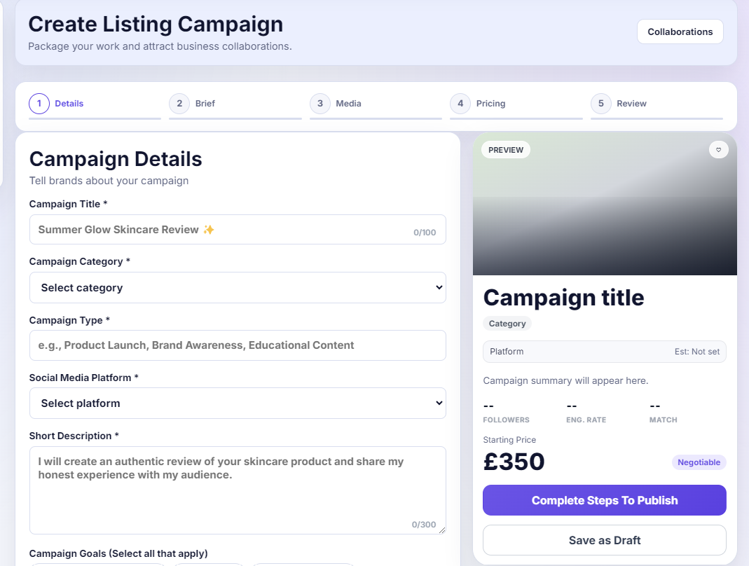 Create listing campaign form with a live preview panel